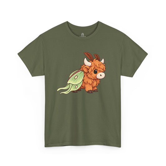 Moo Mothfren Highland Cow Luna Moth T-shirt in Military Green